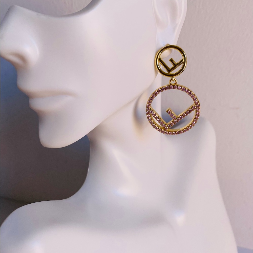 - Auth Fendi Double Hoop Golden Earrings Rhinestones